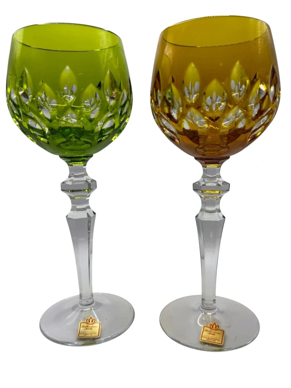 Katharinen Hutte Cut Crystal Colored Wine Glasses - Green & Amber Set of 2